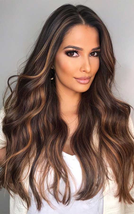 dark chocolate with cappuccino highlights, lightened brunette, fall hair color trends 2021