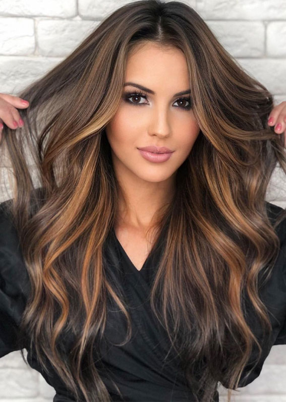 40 Pretty Hair Styles with Highlights and Lowlights : Brunette with Warm Bronze  Highlights