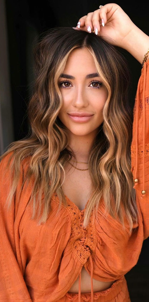 40 Pretty Hair Styles with Highlights and Lowlights : Dark Brown Hair with  Caramel & Honey Tones
