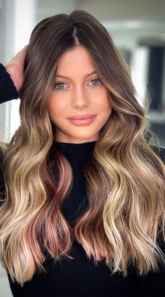 40 Pretty Hair Styles with Highlights and Lowlights : Brunette with Rose  Gold Peekaboo Highlights