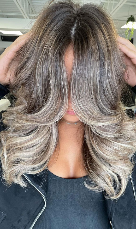 40 Pretty Hair Styles with Highlights and Lowlights : Mushroom Brunette  Long Layered