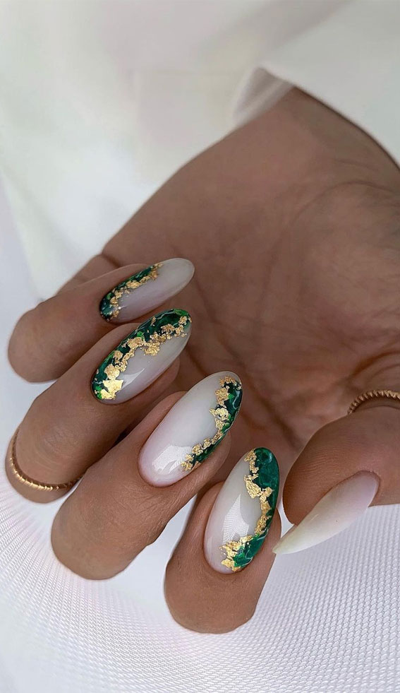 45 Best Fall Nail Ideas 2021 : Green and White nails with Gold Foil Accents