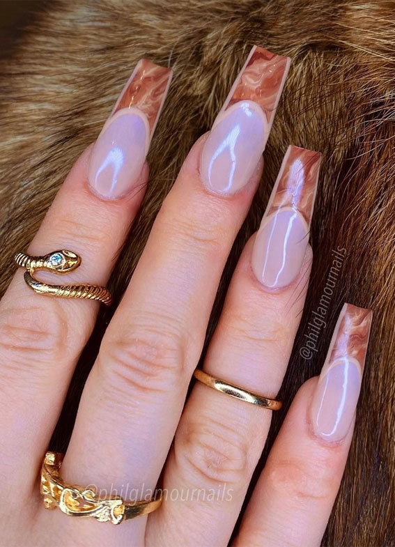 45 Best Fall Nail Ideas 2021 : Brown Marble French Tip Nails