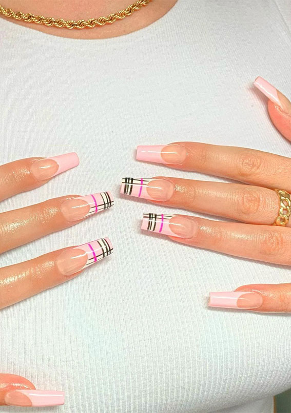 45 Best Fall Nail Ideas 2021 : Baby Pink and Burberry Pink French Tip Nails
