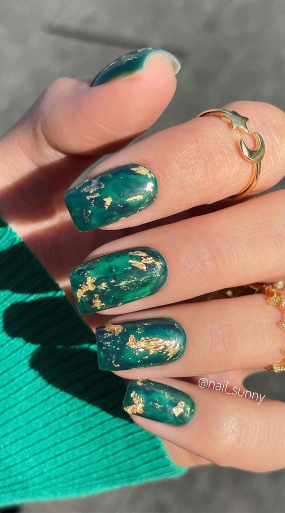 45 Best Fall Nail Ideas 2021 : Emerald Square Oval Shape Nails