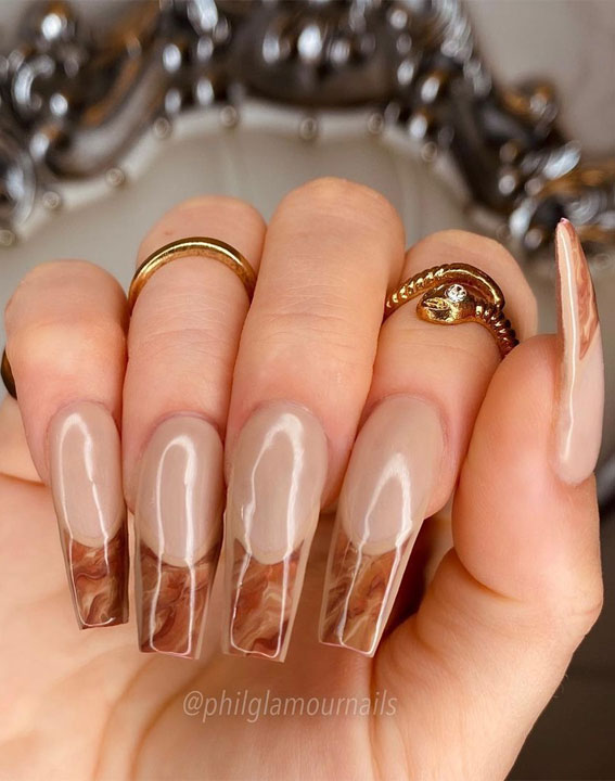 brown marble french tip nails, french tip nails, autumn french tip nails