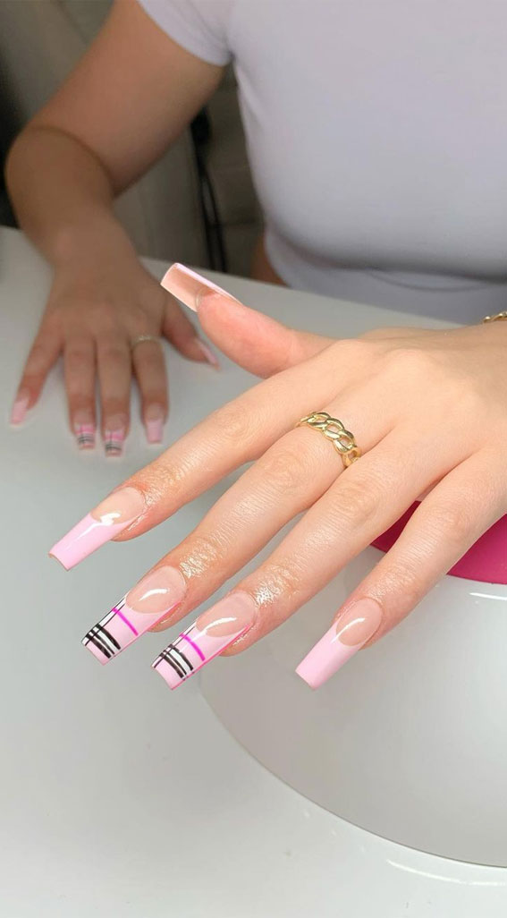 45 Best Fall Nail Ideas 2021 : Burberry Pink and Pink French Tip Nails