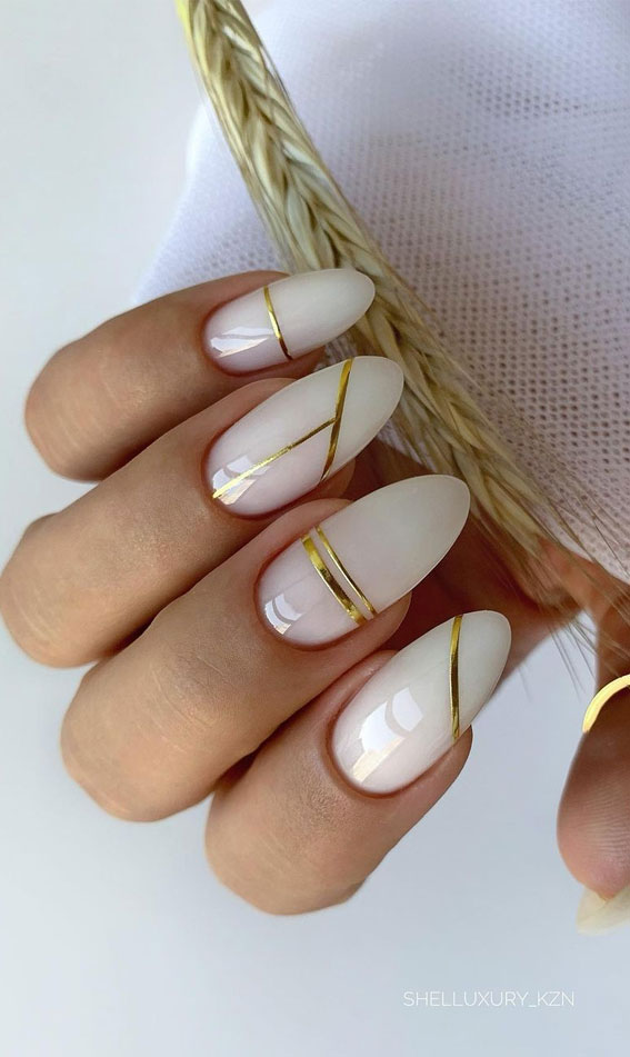 45 Best Fall Nail Ideas 2021 : Minimalist Gold Lines on Milky White Nails