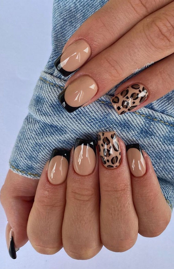 leopard nails, leopard print nails, black french tips , black french tip nails