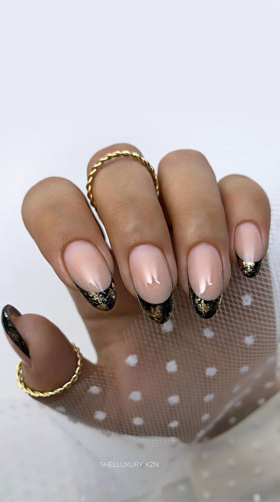 45 Best Fall Nail Ideas 2021 : Black French Tip with Gold Foil Accents