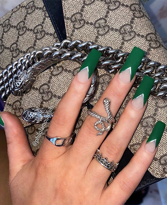 green french tips, dark green nails, coffin nails, acrylic french tips 