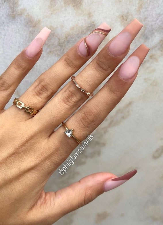 nude brown nails, brown coffin nails, brown french tip nails, fall nails 2021