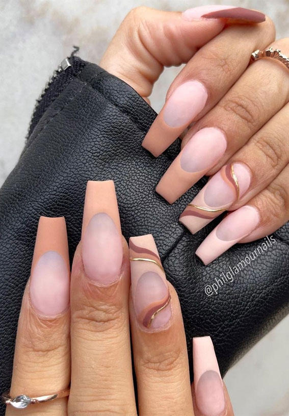 nude brown nails, brown coffin nails, brown french tip nails, fall nails 2021