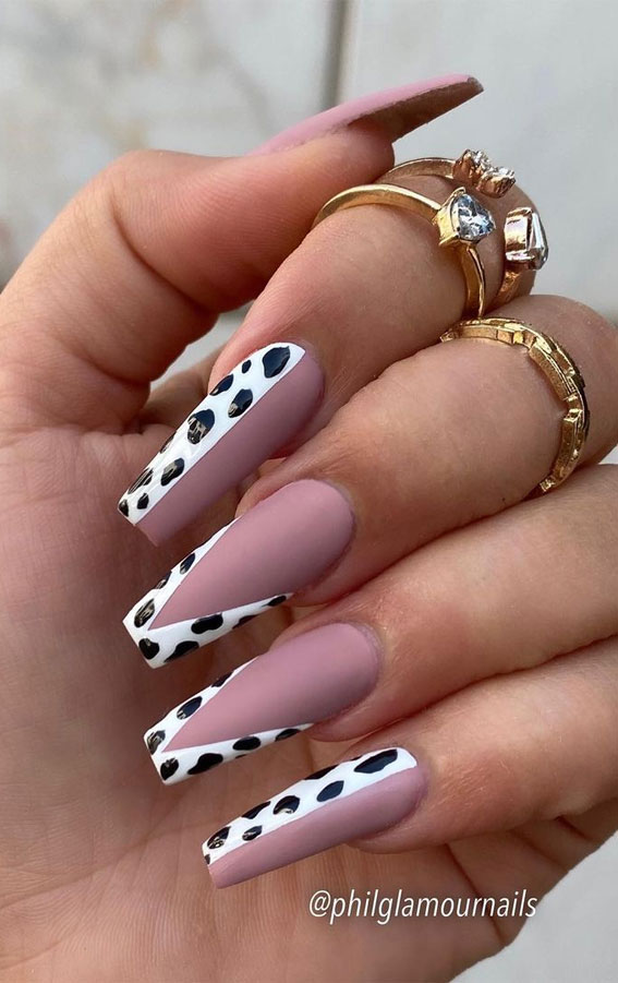 45 Best Fall Nail Ideas 2021 : Mauve Coffin Nails with Cow Print Accents