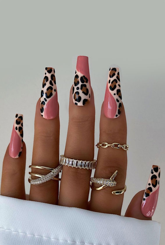 45 Best Fall Nail Ideas 2021 : Leopard Print and Pink Negative Space Nails