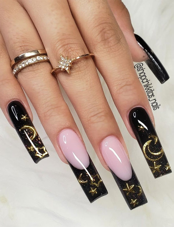 black star and moon nails, black coffin nails, celestial french tip nails
