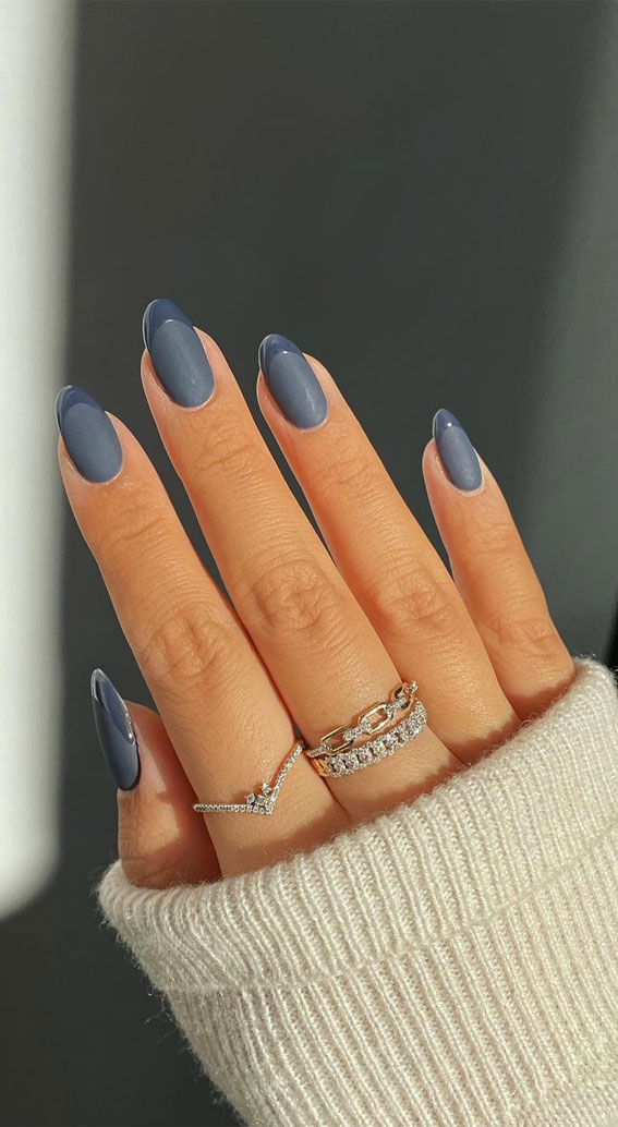 blue grey fall nails, blue grey french tip nails, blue on blue nails, fall nails 2021