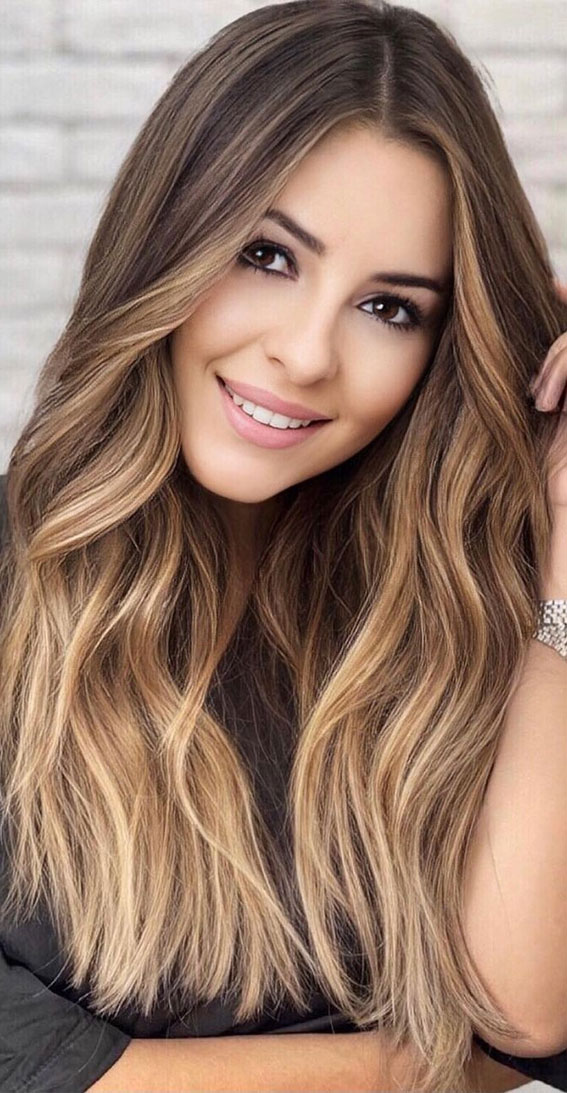 brunette with highlights, honey brown hair, brown hair color with highlights, hair color with highlights and lowlights, brown hair color ideas, fall hair color ideas 2021