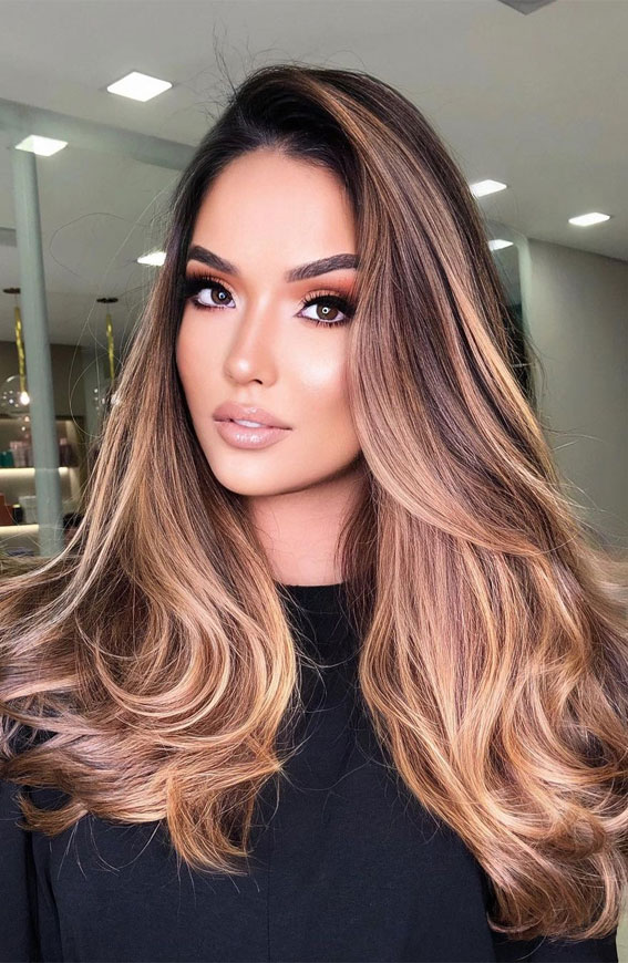 40 Pretty Hair Styles with Highlights and Lowlights : Light Golden Brown  Colour Melt