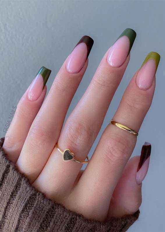 32 Prettiest Autumn Nail Art Designs : Different Shades of Green and Deep Red Tips