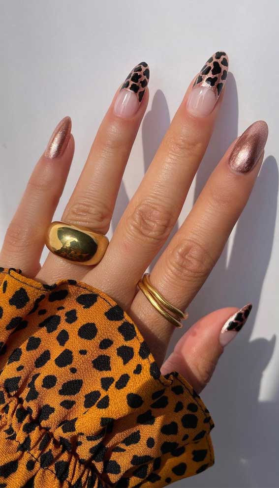 rose gold nails, cow print rose gold nails, rose gold cow print french tip nails