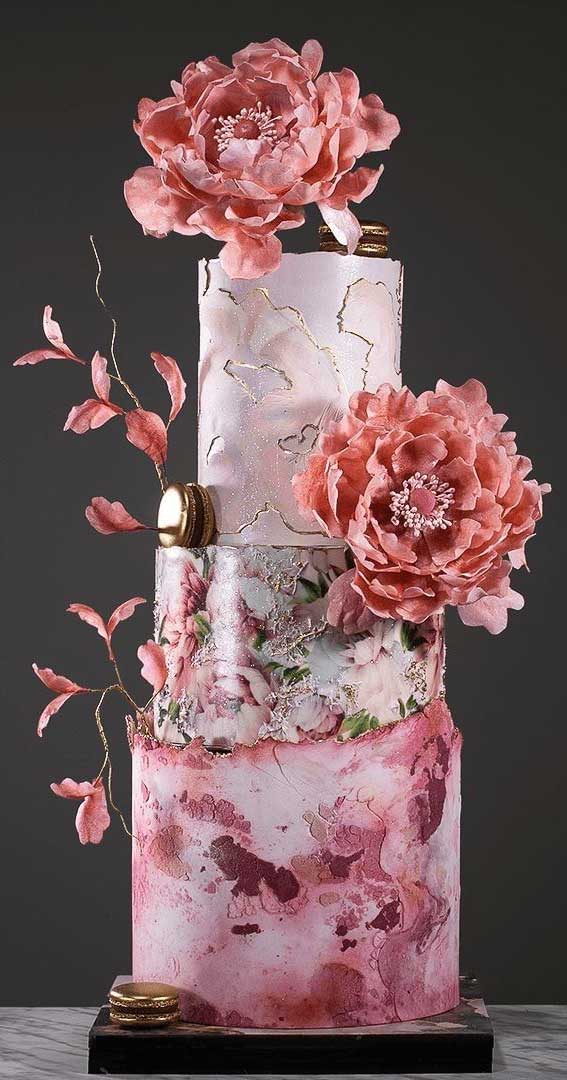 40 Pretty & New Wedding Cake Trends 2021 : Pink Marble Three-Tiered Wedding Cake