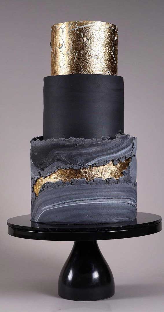 40 Pretty & New Wedding Cake Trends 2021 : Dark Grey Marble & Gold Wedding Cake