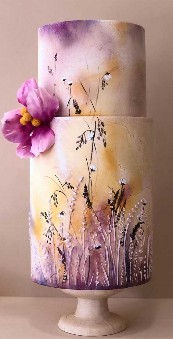 40 Pretty & New Wedding Cake Trends 2021 : Burnt yellows, purples, and vibrant pink cake
