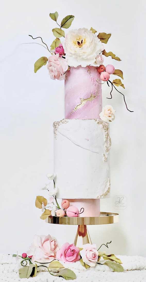 40 Pretty & New Wedding Cake Trends 2021 : Pink and White Wedding Cake with Gold Detailing