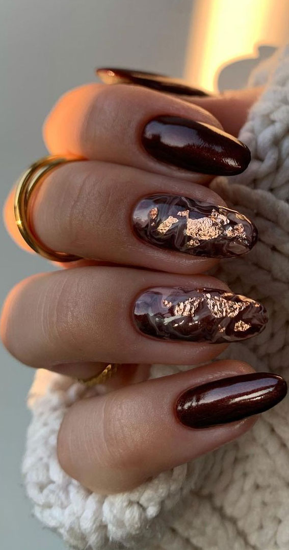 44 Cute Halloween Nails & Thanksgiving Nails : Autumn Textured Copper Leaf Nails