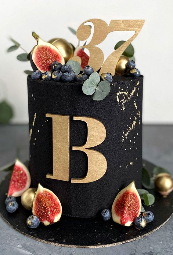 black cake topped with figs, modern birthday cake, 37 years old birthday cake, birthday cake ideass