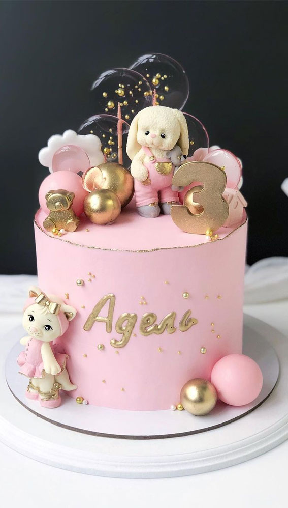 39 Cake design Ideas 2021 : Pink Cake for 3rd Birthday