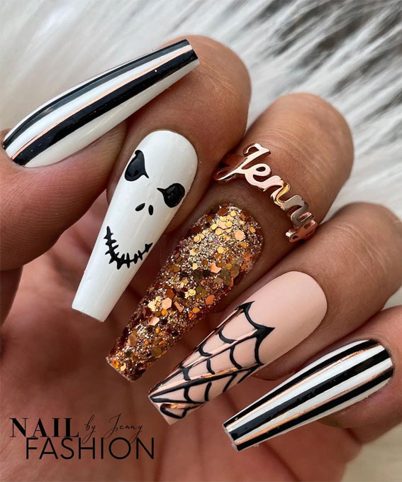 mix and match coffin shape alloween nails , halloween nails, halloween nails, halloween nail art, halloween nails 2021