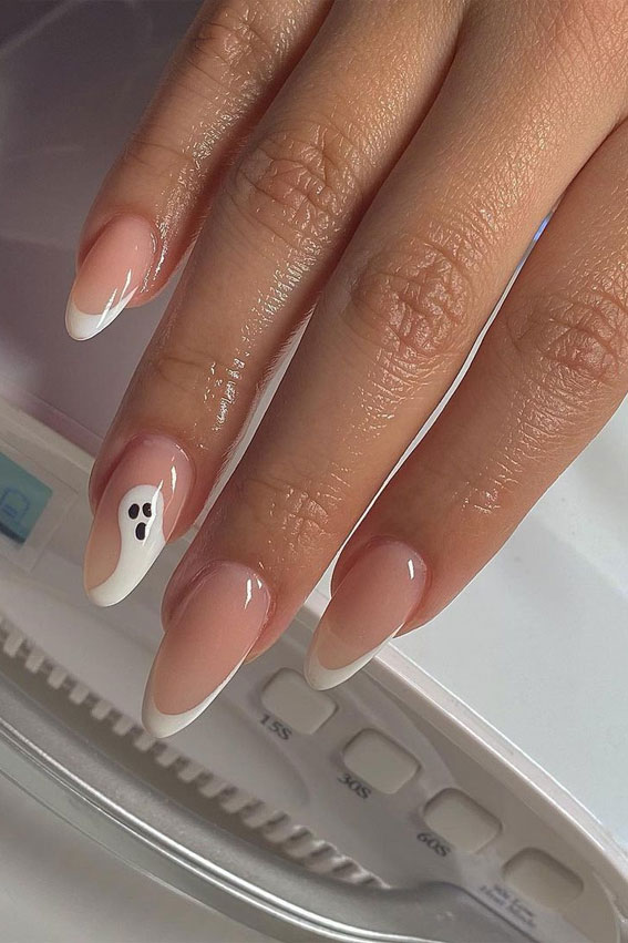 french tip nails, halloween french tip nails, white ghost halloween nails , halloween nails, halloween nails, halloween nail art, halloween nails 2021