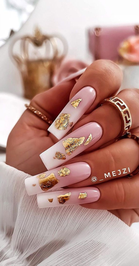 44 Cute Halloween Nails & Thanksgiving Nails : Ombre Pink Coffin Nails with Gold Leaf
