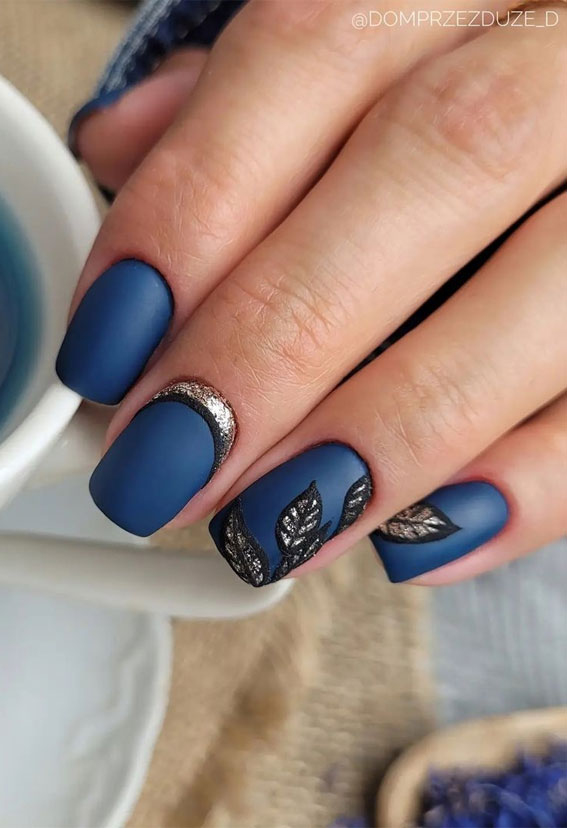 silver cuticle dark blue nails, dark blue nail art designs, fall nails, thanksgiving acrylic nails, fall nail ideas, thanksgiving nail designs 2021, fall nail ideas 2021, french nails thanksgiving