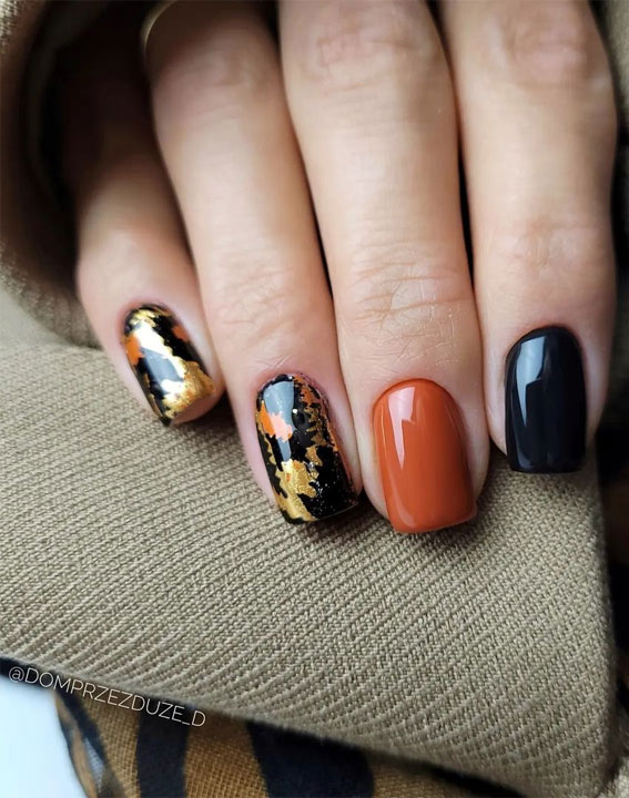 44 Cute Halloween Nails & Thanksgiving Nails : Mix and Match Fall Nails with Gold Leaf