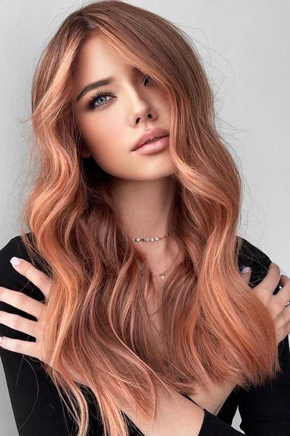 golden copper hair colors,  winter hair colors, winter hair trends 2021, platinum blonde hair color, winter hair colors for brunettes, dark winter hair colors, brown hair with highlights