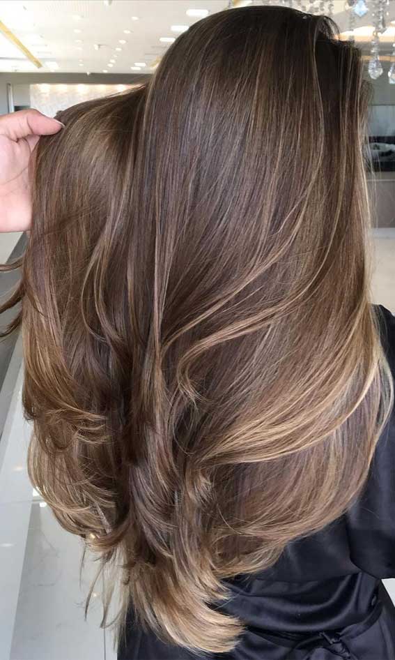 50 Trendy Hair Colors To Wear in Winter : Layered Light Brown Hair with Blonde  Highlights