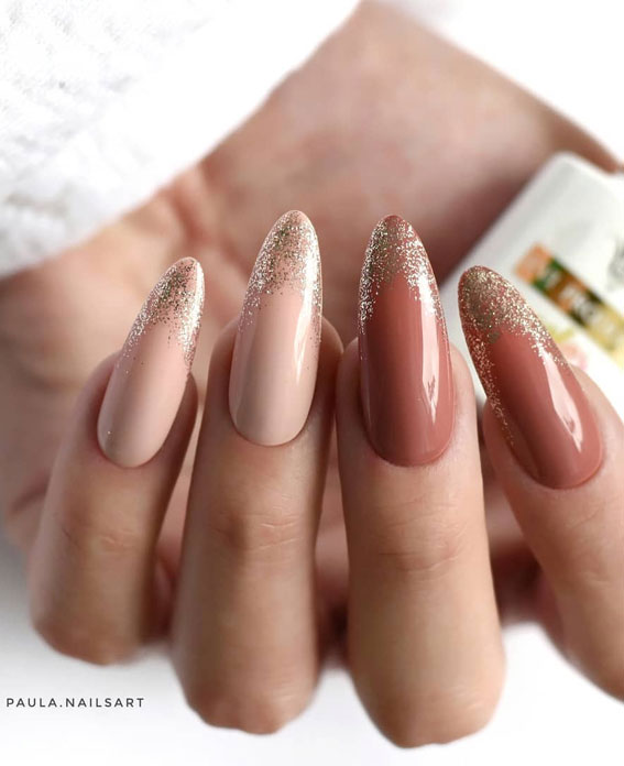 nude shimmery nails, neutral nails, almond shape nails, winter nail designs, simple nude nails