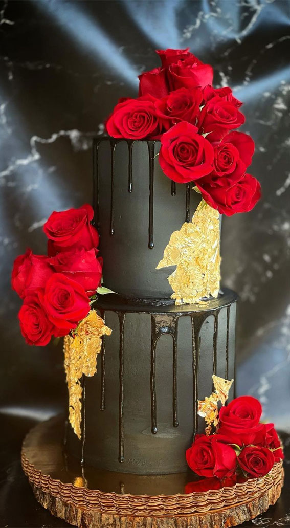 Black and white striped cake with red flower | White birthday cakes, Black  and gold birthday cake, Red birthday cakes