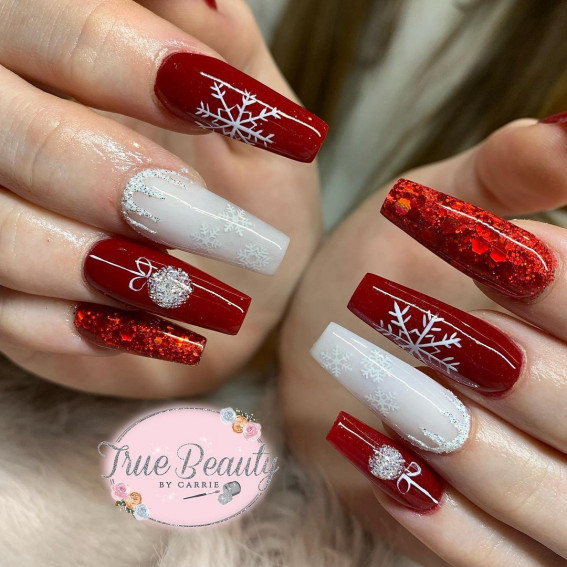 Long Coffin Fake Nails White French Red Glitter Full Artificial Press On  Nails | eBay