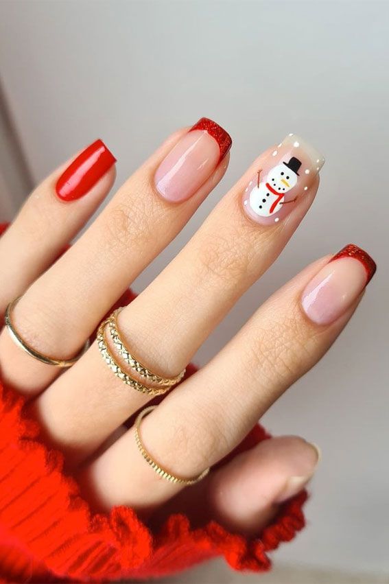 The 39 Prettiest Christmas & Holiday Nails : Glitter Red & Snowman Nails