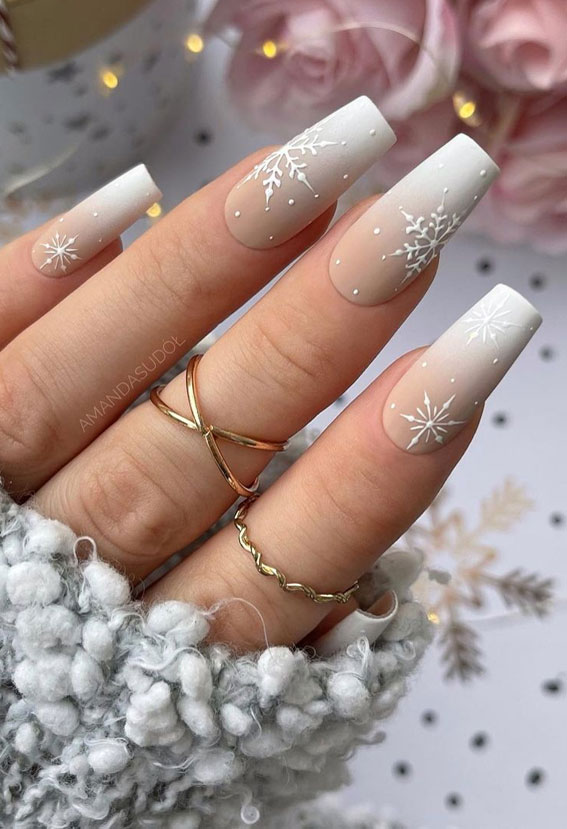 The 39 Prettiest Christmas & Holiday Nails : Ombre nude snowflake nails