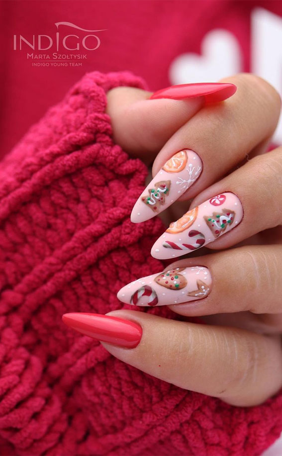 30 Christmas Nail Designs for 2021 : Gingerbread and Red Nails