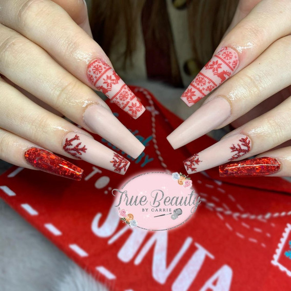 30 Christmas Nail Designs for 2021 : Shimmery Red and Nude Nails