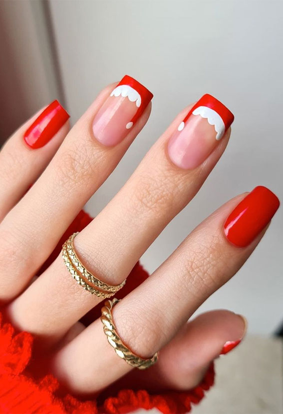 The 39 Prettiest Christmas & Holiday Nails : Santa Red Hat and Red Tips
