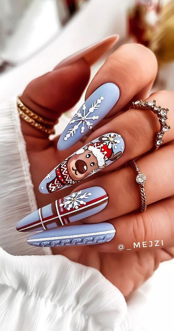 The 39 Prettiest Christmas & Holiday Nails : Fun Reindeer Blue Nails