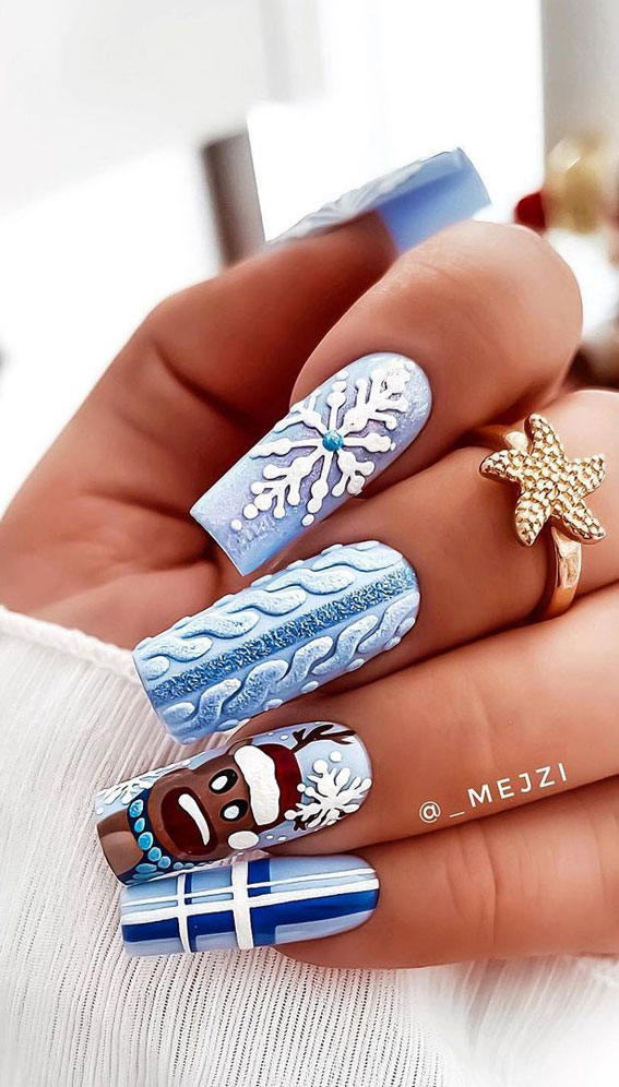 The 39 Prettiest Christmas & Holiday Nails : Rudolph and Tartan Light Blue Nails