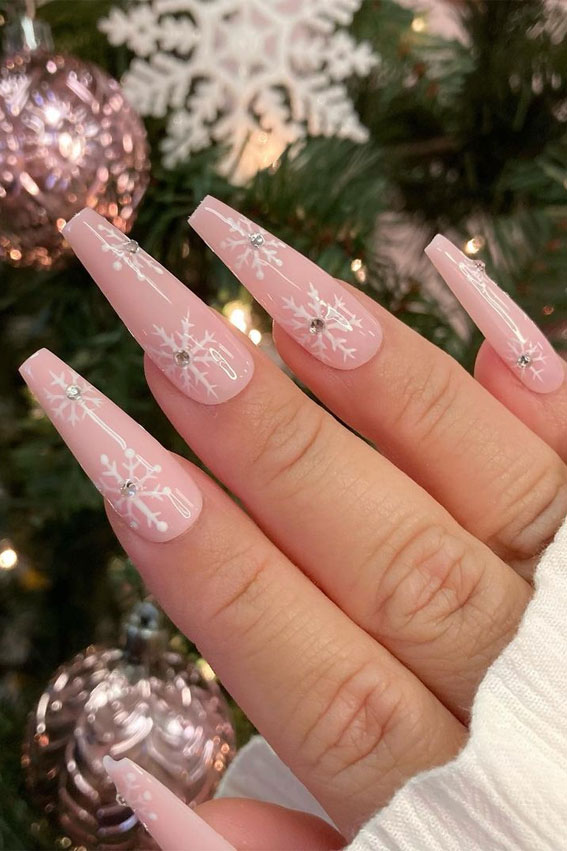 30 Christmas Nail Designs for 2021 : Snowflake Simple Pink Nails